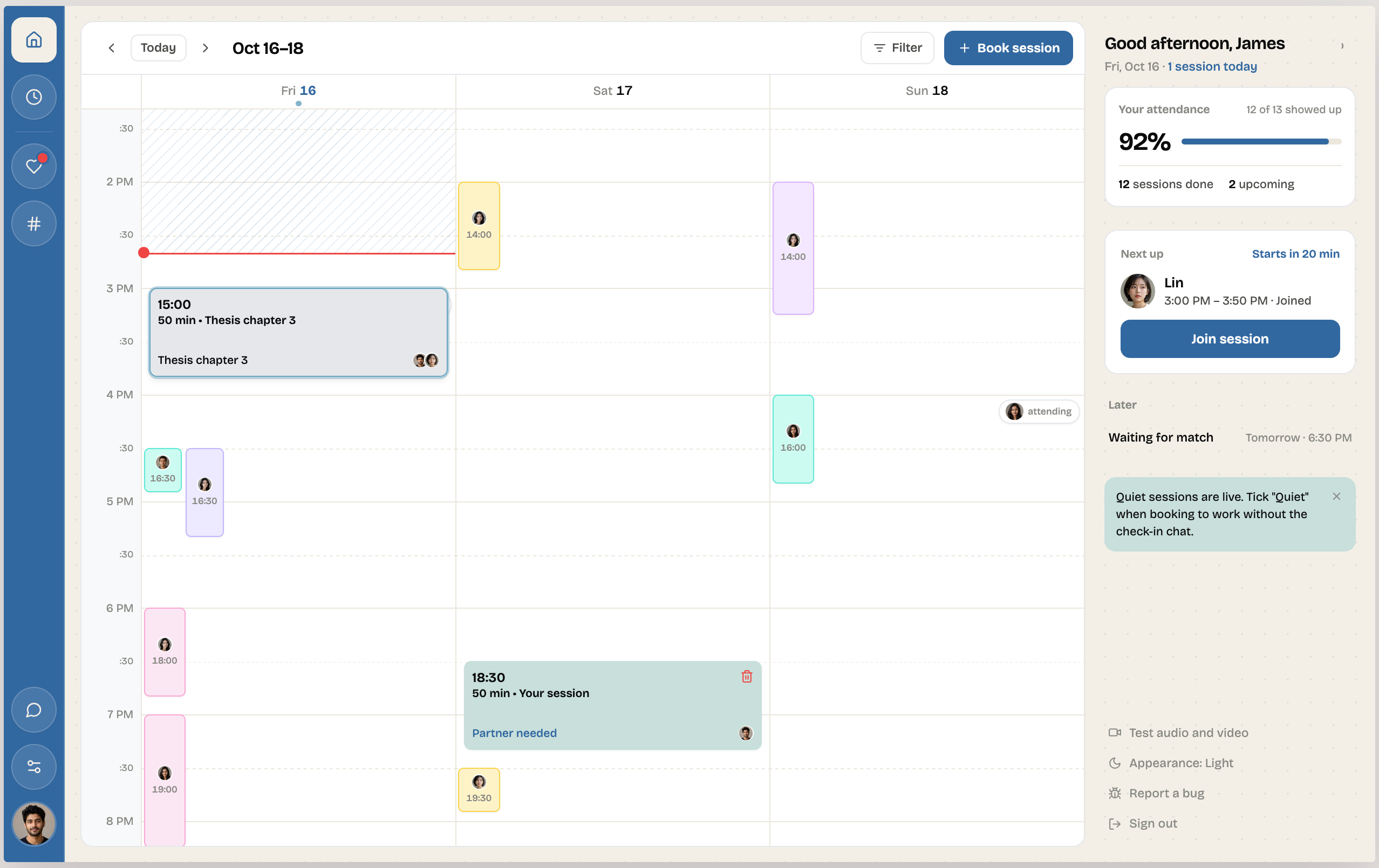 Refocus dashboard showing the session calendar, attendance and next session