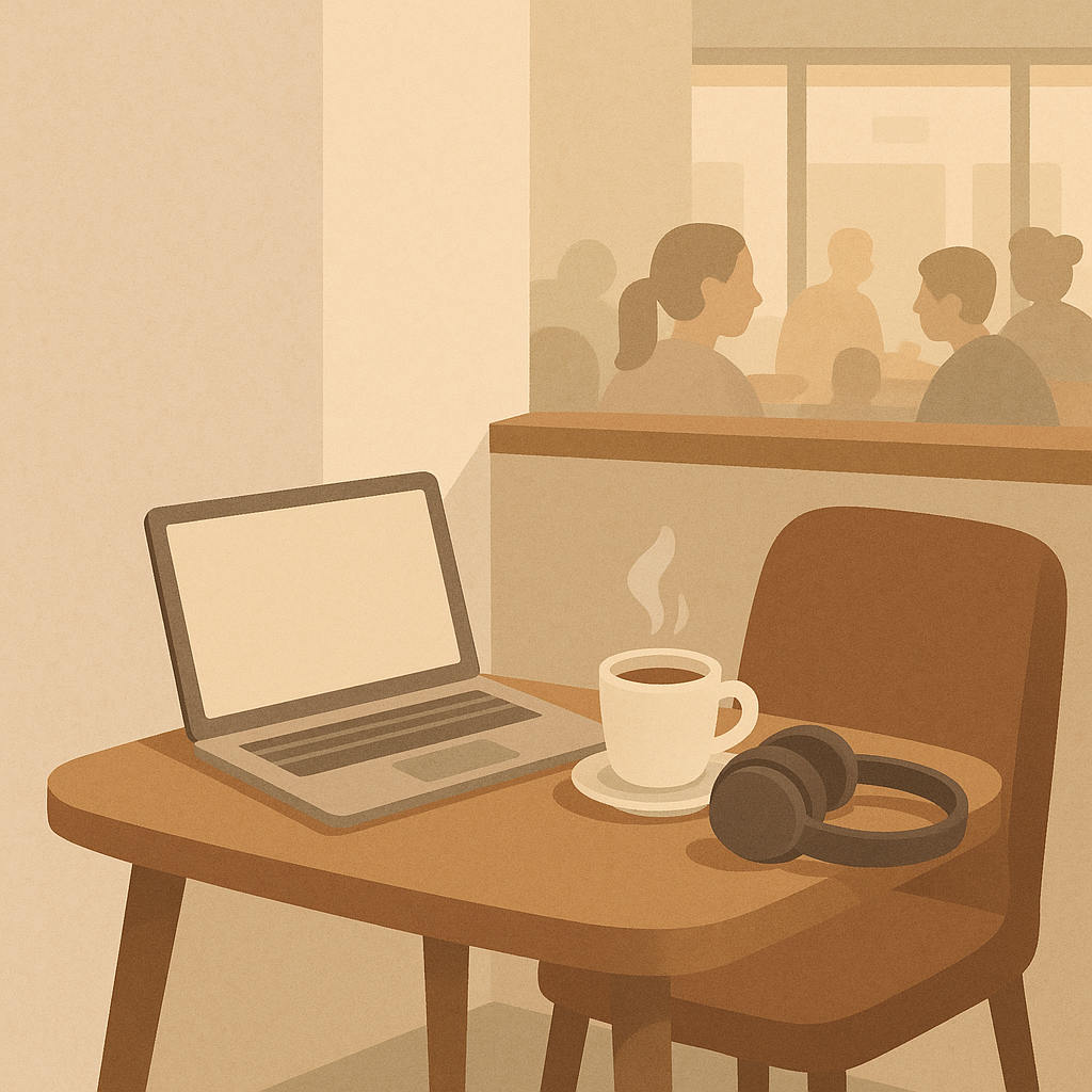 A cozy coffee shop corner with a laptop and headphones on the table