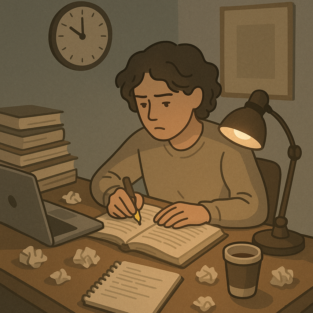 student studying at a desk late at night